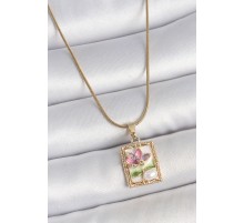 316L Çelik Gold Renk Zincir Beyaz Mineli Çiçek İşlemeli İnci Detay Portre Model Kadın Kolye - TJ-BKO10144