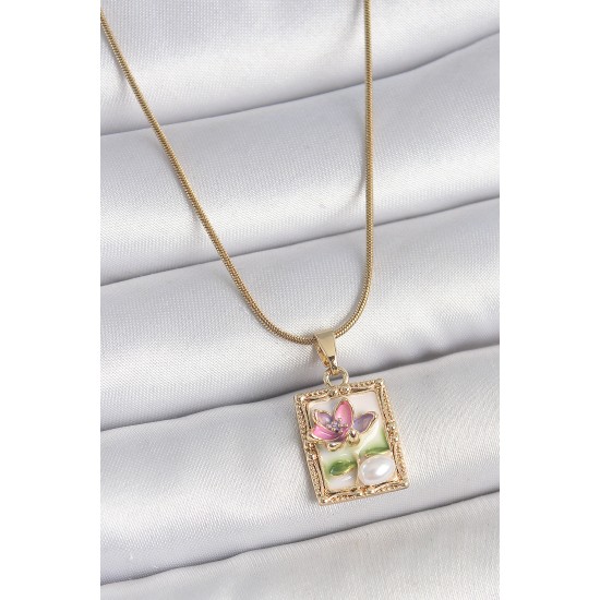 316L Çelik Gold Renk Zincir Beyaz Mineli Çiçek İşlemeli İnci Detay Portre Model Kadın Kolye - TJ-BKO10144