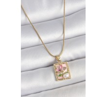 316L Çelik Gold Renk Pembe Mineli Çiçek İşlemeli İnci Detay Portre Model Kadın Kolye - TJ-BKO10145