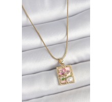 316L Çelik Gold Renk Pembe Mineli Çiçek İşlemeli İnci Detay Portre Model Kadın Kolye - TJ-BKO10145