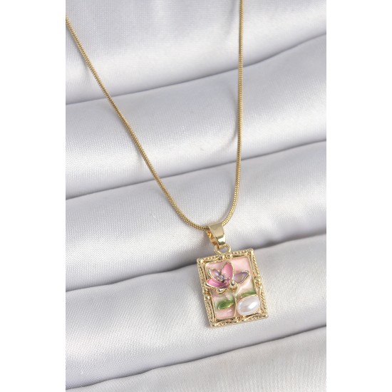 316L Çelik Gold Renk Pembe Mineli Çiçek İşlemeli İnci Detay Portre Model Kadın Kolye - TJ-BKO10145