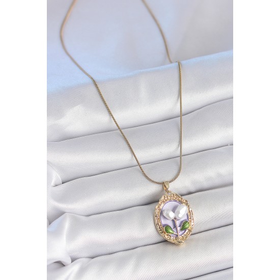 316L Çelik Gold Renk Mor İncili Çiçek İşlemeli Portre Model Kadın Kolye - TJ-BKO10146