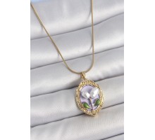 316L Çelik Gold Renk Mor İncili Çiçek İşlemeli Portre Model Kadın Kolye - TJ-BKO10146