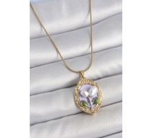 316L Çelik Gold Renk Mor İncili Çiçek İşlemeli Portre Model Kadın Kolye - TJ-BKO10146