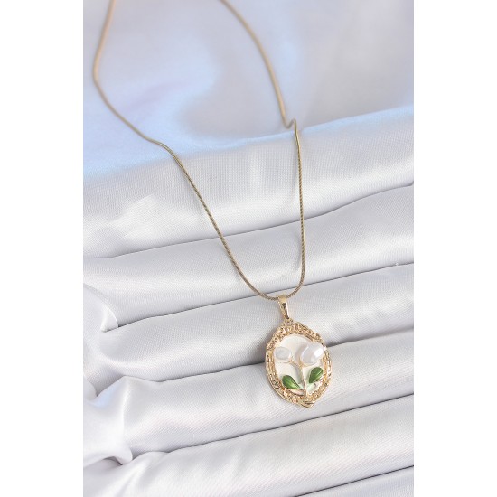 316L Çelik Gold Renk Zincir Beyaz Mineli İncili Çiçek İşlemeli Portre Model Kadın Kolye - TJ-BKO10147