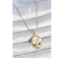 316L Çelik Gold Renk Zincir Beyaz Mineli İncili Çiçek İşlemeli Portre Model Kadın Kolye - TJ-BKO10147