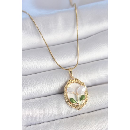 316L Çelik Gold Renk Zincir Beyaz Mineli İncili Çiçek İşlemeli Portre Model Kadın Kolye - TJ-BKO10147