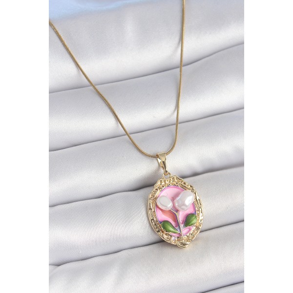 316L Çelik Gold Renk Zincir Pembe Mineli İncili Çiçek İşlemeli Portre Model Kadın Kolye - TJ-BKO10148