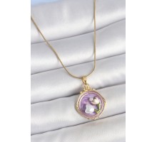 316L Çelik Gold Renk Zincir Mor Mineli İncili Çiçek İşlemeli Portre Model Kadın Kolye - TJ-BKO10149