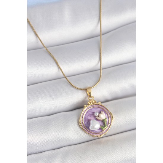 316L Çelik Gold Renk Zincir Mor Mineli İncili Çiçek İşlemeli Portre Model Kadın Kolye - TJ-BKO10149
