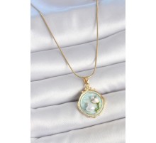 316L Çelik Gold Renk Zincir Turkuaz Mineli İncili Çiçek İşlemeli Portre Model Kadın Kolye - TJ-BKO10150