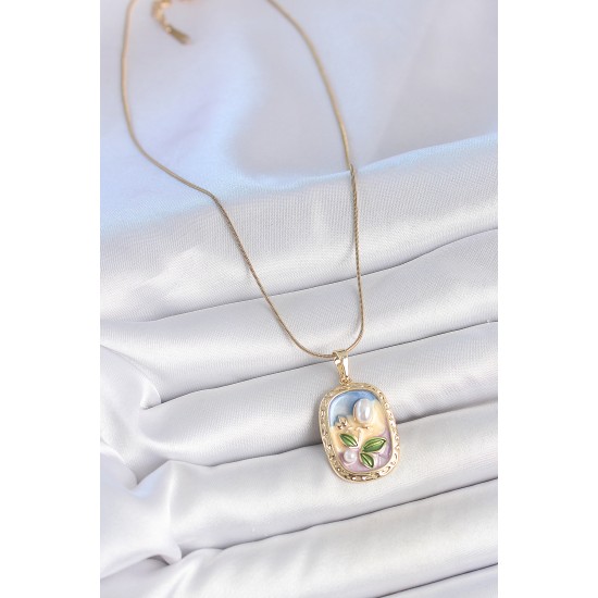 316L Çelik Gold Renk Zincir Mix Renk Mineli İnci Çiçek İşlemeli Portre Model Kadın Kolye - TJ-BKO10152