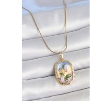316L Çelik Gold Renk Zincir Mix Renk Mineli İnci Çiçek İşlemeli Portre Model Kadın Kolye - TJ-BKO10152