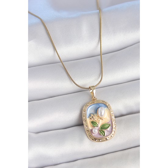 316L Çelik Gold Renk Zincir Mix Renk Mineli İnci Çiçek İşlemeli Portre Model Kadın Kolye - TJ-BKO10152