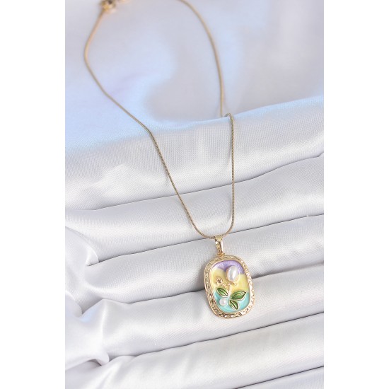 316L Çelik Gold Renk Zincir İncili Çiçek İşlemeli Portre Model Kadın Kolye - TJ-BKO10153