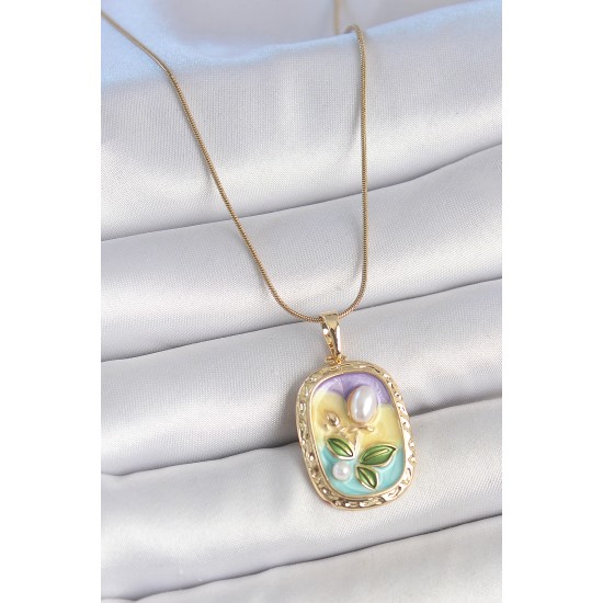 316L Çelik Gold Renk Zincir İncili Çiçek İşlemeli Portre Model Kadın Kolye - TJ-BKO10153