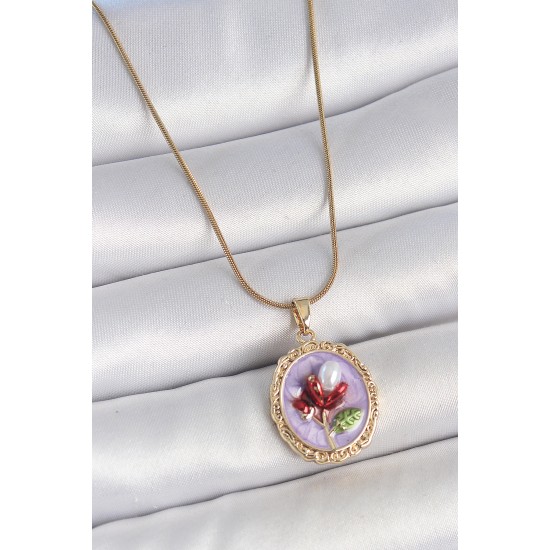 316L Çelik Gold Renk Zincir Mor Mineli İncili Çiçek İşlemeli Portre Model Kadın Kolye - TJ-BKO10156