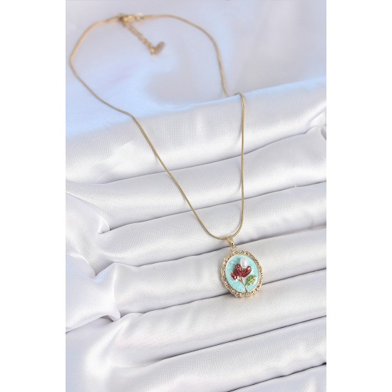316L Çelik Gold Renk Zincir Turkuaz Mineli İncili Çiçek İşlemeli Portre Model Kadın Kolye - TJ-BKO10157