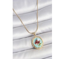 316L Çelik Gold Renk Zincir Turkuaz Mineli İncili Çiçek İşlemeli Portre Model Kadın Kolye - TJ-BKO10157