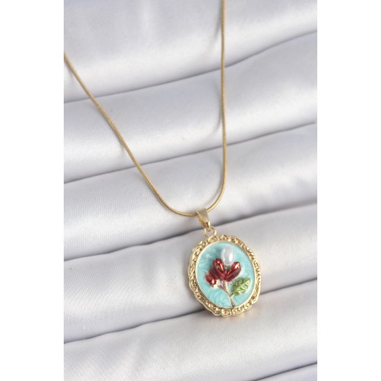 316L Çelik Gold Renk Zincir Turkuaz Mineli İncili Çiçek İşlemeli Portre Model Kadın Kolye - TJ-BKO10157
