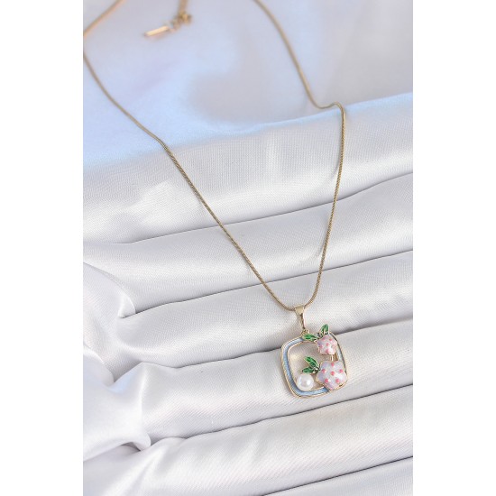 316L Çelik Gold Renk Zincir Mavi Mineli Kare Model Çiçek İşlemeli İnci Detay Kadın Kolye - TJ-BKO10158