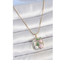 316L Çelik Gold Renk Zincir Mavi Mineli Kare Model Çiçek İşlemeli İnci Detay Kadın Kolye - TJ-BKO10158