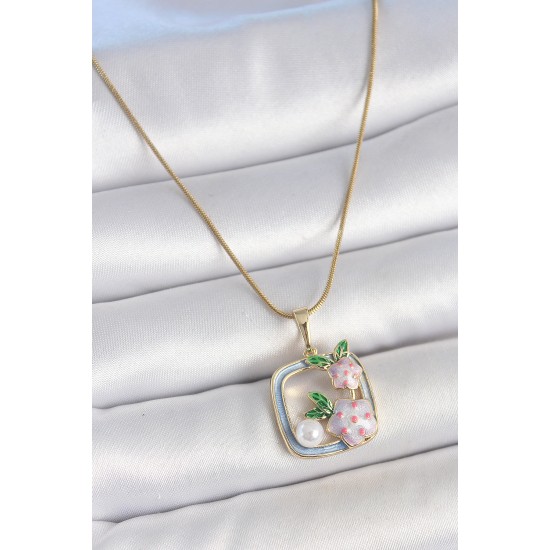 316L Çelik Gold Renk Zincir Mavi Mineli Kare Model Çiçek İşlemeli İnci Detay Kadın Kolye - TJ-BKO10158