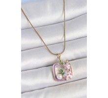 316L Çelik Gold Renk Zincir Mor Mineli Kare Model Çiçek İşlemeli İnci Detay Kadın Kolye - TJ-BKO10159