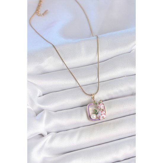 316L Çelik Gold Renk Zincir Mor Mineli Kare Model Çiçek İşlemeli İnci Detay Kadın Kolye - TJ-BKO10159