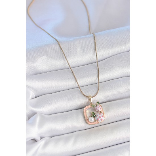 316L Çelik Gold Renk Zincir Pembe Mineli Kare Model Çiçek İşlemeli İnci Detay Kadın Kolye - TJ-BKO10160