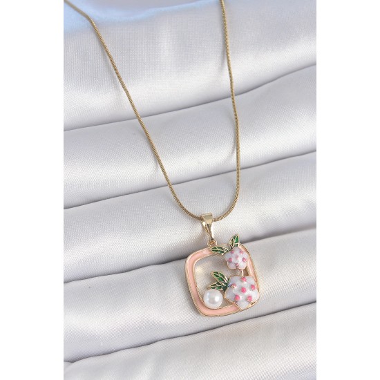 316L Çelik Gold Renk Zincir Pembe Mineli Kare Model Çiçek İşlemeli İnci Detay Kadın Kolye - TJ-BKO10160