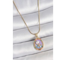 316L Çelik Gold Renk Zincir Mix Renk Deniz Yıldız İşlemeli Renki Çiçek Detay Portre Model Kadın Kolye - TJ-BKO10161