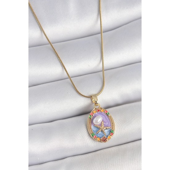 316L Çelik Gold Renk Zincir Mix Renk Deniz Yıldız İşlemeli Renki Çiçek Detay Portre Model Kadın Kolye - TJ-BKO10161