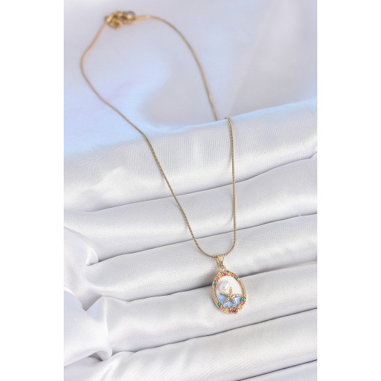 316L Çelik Gold Renk Zincir Mix Renkli Deniz Yıldız İşlemeli İnci Detay Portre Model Kadın Kolye - TJ-BKO10162