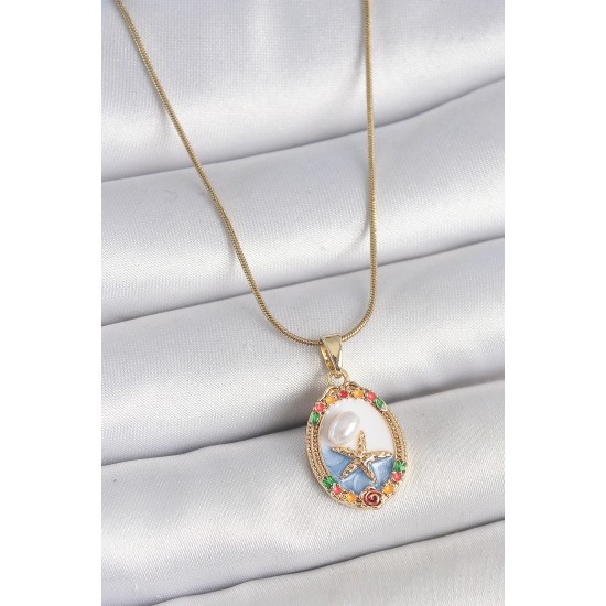 316L Çelik Gold Renk Zincir Mix Renkli Deniz Yıldız İşlemeli İnci Detay Portre Model Kadın Kolye - TJ-BKO10162
