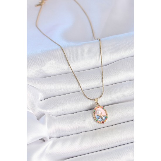 316L Çelik Gold Renk Zincir Mix Renk Deniz Yıldız İşlemeli İnci Detay Portre Model Kadın Kolye - TJ-BKO10163