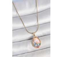 316L Çelik Gold Renk Zincir Mix Renk Deniz Yıldız İşlemeli İnci Detay Portre Model Kadın Kolye - TJ-BKO10163