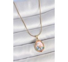 316L Çelik Gold Renk Zincir Mix Renk Deniz Yıldız İşlemeli İnci Detay Portre Model Kadın Kolye - TJ-BKO10163