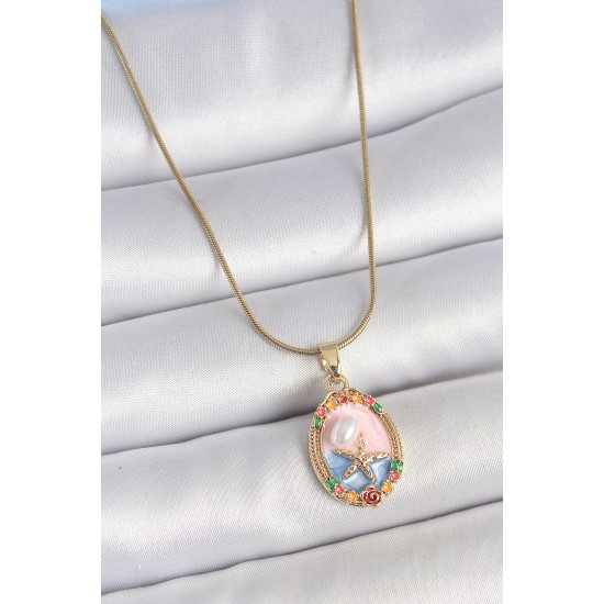 316L Çelik Gold Renk Zincir Mix Renk Deniz Yıldız İşlemeli İnci Detay Portre Model Kadın Kolye - TJ-BKO10163