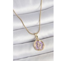 316L Çelik Gold Renk Zincir Mor Mineli Çiçek İşlemeli Portre Model Kadın Kolye - TJ-BKO10164