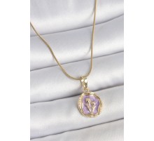 316L Çelik Gold Renk Zincir Mor Mineli Çiçek İşlemeli Portre Model Kadın Kolye - TJ-BKO10164