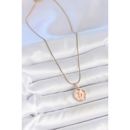 316L Çelik Gold Renk Zincir Pembe Mineli Çiçek İşlemeli Portre Model Kadın Kolye - TJ-BKO10165