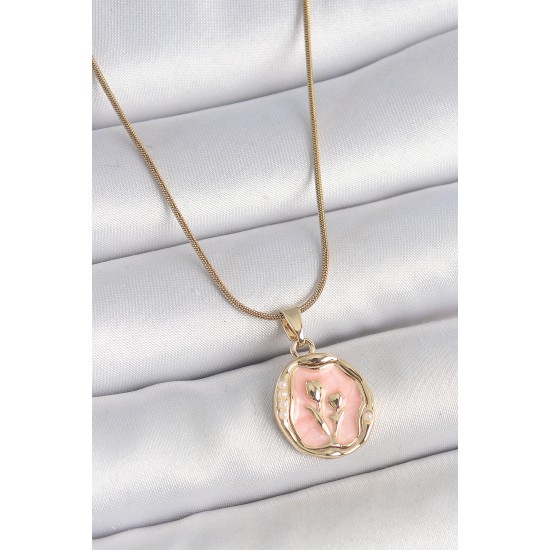 316L Çelik Gold Renk Zincir Pembe Mineli Çiçek İşlemeli Portre Model Kadın Kolye - TJ-BKO10165
