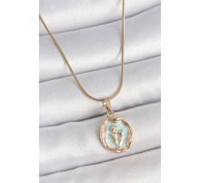 316L Çelik Gold Renk Zincir Turkuaz Mineli Çiçek İşlemeli Portre Model Kadın Kolye - TJ-BKO10166