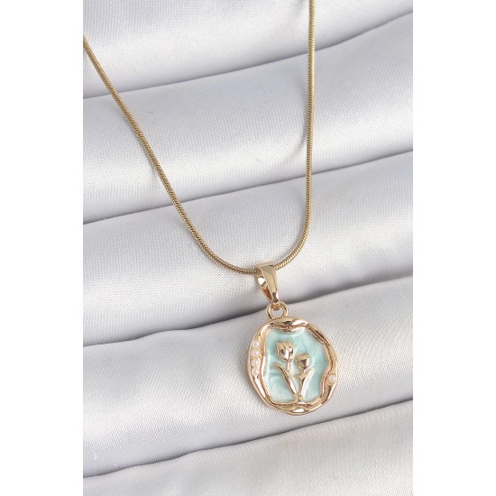 316L Çelik Gold Renk Zincir Turkuaz Mineli Çiçek İşlemeli Portre Model Kadın Kolye - TJ-BKO10166