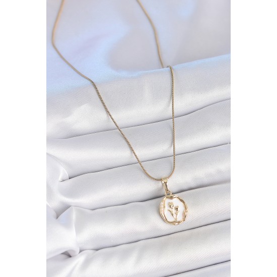 316L Çelik Gold Renk Zincir Beyaz Minel Çiçek İşlemeli Portre Model Kadın Kolye - TJ-BKO10167