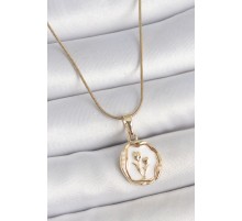 316L Çelik Gold Renk Zincir Beyaz Minel Çiçek İşlemeli Portre Model Kadın Kolye - TJ-BKO10167