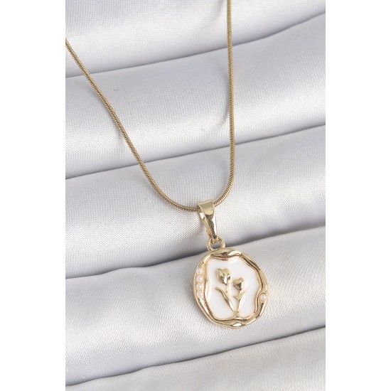 316L Çelik Gold Renk Zincir Beyaz Minel Çiçek İşlemeli Portre Model Kadın Kolye - TJ-BKO10167