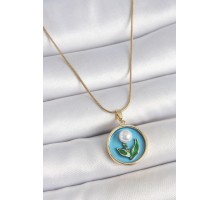 316L Çelik Gold Renk Zincir Mavi Mineli İncili Çiçek İşlemeli Portre Model Kadın Kolye - TJ-BKO10168