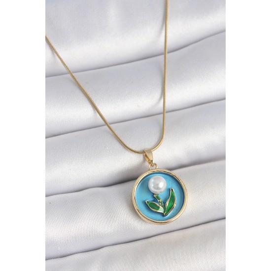 316L Çelik Gold Renk Zincir Mavi Mineli İncili Çiçek İşlemeli Portre Model Kadın Kolye - TJ-BKO10168